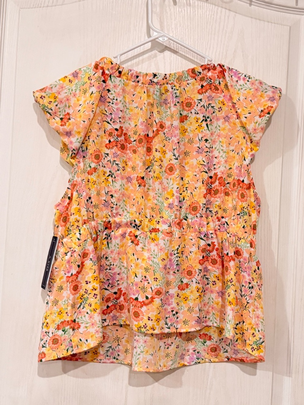 NWT A. Byer Yellow & Pink Floral Ruffle Tie-Front Blouse - Picture 6 of 7